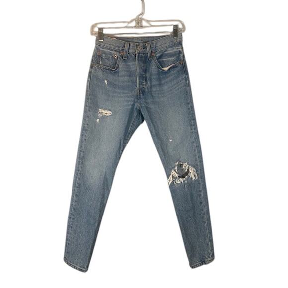 Levi's Light Blue Ripped Button Fly 501 S Skinny Denim Jeans Women Sz 26 - Picture 1 of 12